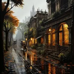 Eine Straßenszene im Regen mit älteren und vornehmen Häusern auf der rechten Seite, deren beleuchtete Fenster sich auf der nassen Straße spiegeln und auf der linken Seite stehen einige Bäume.